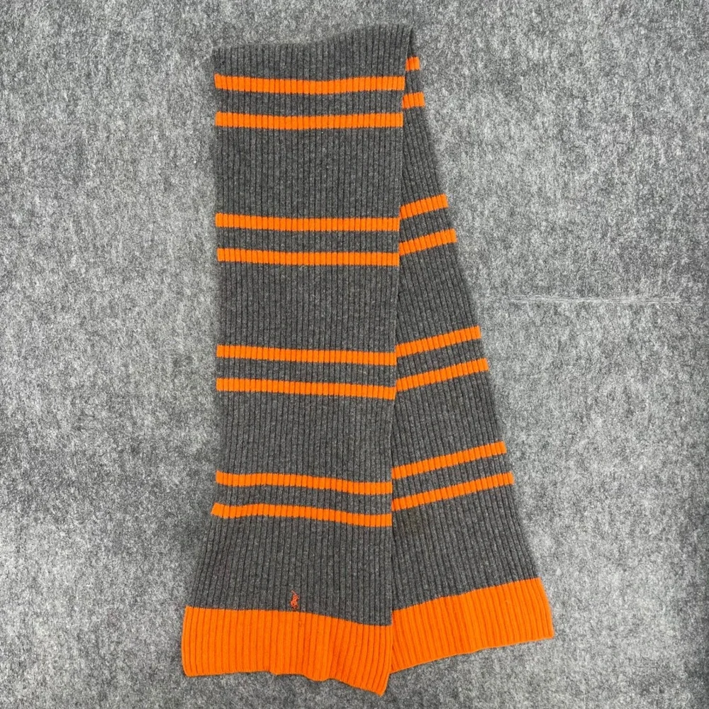 Polo Ralph Lauren Scarf Lambswool Ribbed Knit Striped Grey Orange Pony Logo
